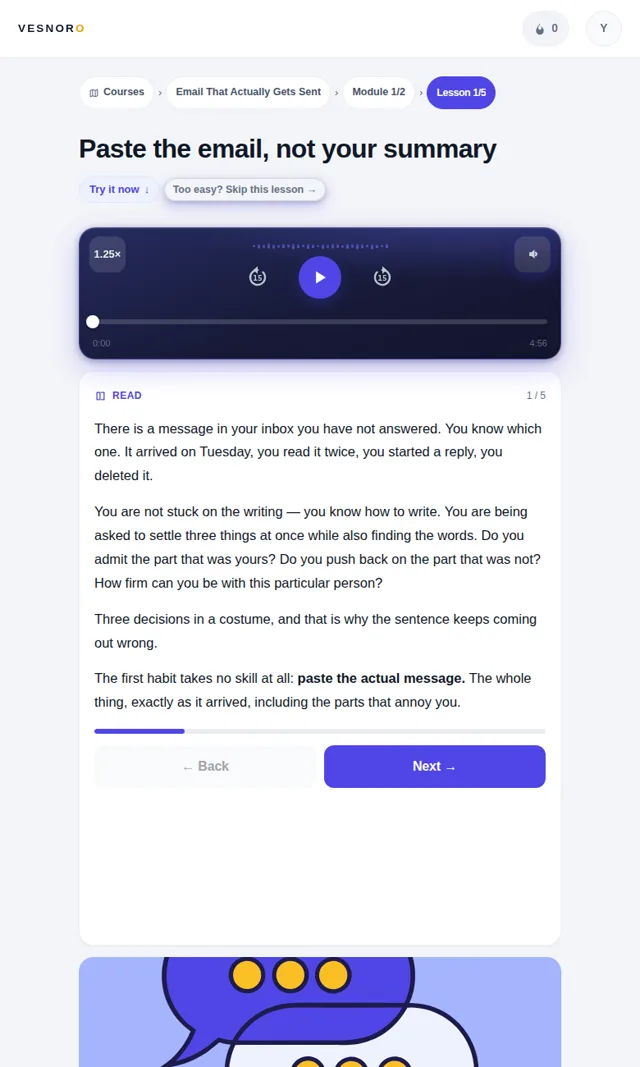 A lesson screen: player, text, Try it now